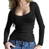 Diyun 2026 Primavera/Verano Transfronterizo Europeo y Americano Top de Color Sólido para Mujer Y2K Casual Ajustado Canalé Cuello en U Encaje Manga Larga Camiseta