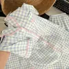 Pijama Estilo Coreano Ins Cuadros Azules para Estudiantes Tallas Grandes para Mujer, Estilo Primavera y Verano, Se Puede Usar Afuera, Conjunto Casual de Tres Piezas para Casa