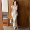 Férias na Tailândia Europeu e Americano Slim-fit Longo com Fenda Alta Vestido Biquíni Três Peças Preto Sexy para Seios Pequenos Roupa de Banho Feminina Dividida