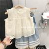 Ropa Coreana para Niñas Conjunto de Verano Nuevo Chaleco Calado Pantalones Escoceses de Pierna Ancha Dos Piezas Camisa de Muñeca Moderna Exportación
