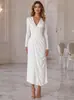 Vestido elegante branco de manga comprida com decote em V, estilo francês europeu e americano, transfronteiriço, justo, para mulheres, elegante vestido longo de comprimento médio