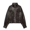 Roupas femininas transfronteiriças 2026 estilo europeu e americano moderno casual jaqueta de couro sintético com efeito de couro cintura marcada plissada para mulheres F71333