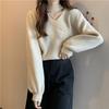 Estilo Coreano Estilo Holgazán Delgado Casual Color Puro Tejido Ropa Interior 2024 Nuevo Cuello en V Suéter Holgado Manga Linterna para Mujer