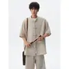 Conjunto de Dos Piezas de Manga Corta con Cuello Alto y Pantalones Cortos Oversize con Botones Tradicionales Chinos, Conjunto de Camisa de Lino Falso de Estilo Chino Nuevo de Moda para Hombre, Estilo Zhongshan
