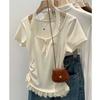Camiseta Azul Halterneck de Renda de Manga Curta para Mulheres Verão Novo Design Top Curto de Ombro Caído Cintura para Uso Externo