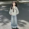 Conjunto de Sudadera Falsa de Dos Piezas Estilo Coreano Estilo Academia para Niñas Primavera y Otoño Jeans de Pierna Ancha Dos Piezas para Niños Medianos y Grandes