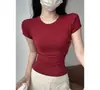 Camiseta de Manga Corta con Cuello Redondo K3567 para Mujer, Estilo Delgado de Verano, Versátil Ajuste Delgado, Hombro Recto, Top Básico de Color Sólido