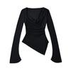 Primavera 2024 nuevo top de camiseta de manga larga de color liso para mujer, ajuste ceñido, adelgazante, cuello oscilante, dobladillo irregular plisado