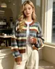 Cárdigan de punto a rayas con bloques de color y cuello redondo, nuevo estilo de otoño, suéter holgado y casual para mujer, top casual estilo coreano