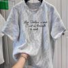 2025 Nuevo Estilo de Verano Encaje Empalmado Manga Corta Holgado Talla Grande Letra mm Look Adelgazante y Cubre Carne Camiseta Estilo Occidental Top
