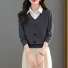 Suéter Feminino de Manga Comprida Falso Duas Peças 2025 Primavera e Outono Novo Estilo Lapela Polo Tricotado Camisa de Base Blusa com Laço