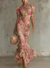 Primavera 2026 Nuevo Estilo Sexy Malla Estampada Casual Versátil Estilo Europeo y Americano Vestido Sirena Vestido Hombros Descubiertos para Mujer