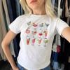 Estilo Europeu e Americano Feminino 2024 Novo INS Distinto Rua Estampa de Letras Curta Ombro a Ombro Manga Curta Camiseta Top