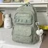 Fundo azul claro suave com bolinhas, mochila refrescante e calmante, estilo faculdade coreano, mochila escolar com múltiplos compartimentos para alunos do ensino fundamental II e médio