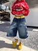 Calça Jeans Cropped Estampada Estrela Retro Americana Verão 2026 Fina Solta Lavada Shorts de Perna Larga