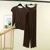 Conjunto de pijama de toque fresco para primavera e verão, camiseta redonda plus size e calça pantalona de duas peças, conjunto de casa feminino em modal adequado para sair