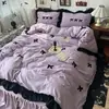 Bordado de toalha em renda e laço estilo francês, conjunto de quatro peças em algodão lavado, com estética feminina, incluindo uma capa de edredom e um conjunto de três peças de lençóis para quartos de dormitórios