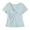 Camiseta de Manga Corta Ajustada Versátil con Nudo Retorcido y Hombros Normales Estilo Deseo Puro para Mujer Talla Grande Inno 2026 Verano Cuello en V 244612