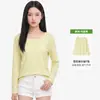 Camiseta fina de manga larga para mujer de principios de otoño, cuello redondo grande, corte holgado, disimula la grasa corporal, mangas largas, suave, amigable con la piel, cómoda, camiseta básica ligera