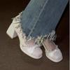Zapatos Mary Jane para Mujer, Vestido de Dama de Honor, Zapatos de Boda Perlados, Tacones Gruesos, Falda Suave, Zapatos de Tacón Altos de Hada Elegantes, Zapatos para Mujer