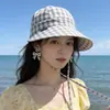 Sombrero para Mujer, Verano Algodón y Lino Transpirable Cuadros Ala Ancha Sombrero de Sol, Estilo Japonés Atado Sombrero de Protección Solar