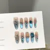 Uñas Portátiles Hechas Completamente a Mano, Parches de Manicura Ojo de Gato Azul Lágrima de Gama Alta, Parches de Uñas Postizas Brillantes con Montones de Diamantes de Lujo Ligero Venta al por Mayor
