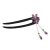 Novo Grampo de Cabelo de Madeira em Forma de U com Franja de Flor Roxa Estilo Chinês Grampo de Cabelo com Dentes Duplos Grampo de Cabelo Estilo Antigo Ornamento de Cabelo Acessório de Cabelo para Hanfu Cheongsam