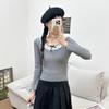 Estilo Coreano Novo Suéter Tricotado com Renda e Laço Outono e Inverno Emagrecimento Camisa Básica Interna Peça Externa Top Curto