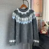 Suéter de punto jacquard con patrón de diamantes y cuello redondo para mujer, Nuevo top de punto casual holgado para Otoño/Invierno 2025