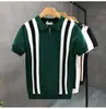 Camiseta de punto informal de verano estilo coreano para jóvenes, manga corta, con cuello de solapa, rayas verticales, de seda helada, ajustada, para hombre, Camisa Polo de Negocios