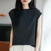 Cardigã sem mangas em malha de algodão mercerizado estilo francês, com gola redonda e bordas enroladas, novo design de botões, top simples e fashion estilo coreano