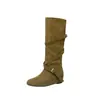 Nuevos estilos de otoño e invierno: Tacón de 6 cm, botines de estilo coreano con punta redonda y hebilla, con detalles suaves y plisados para un efecto adelgazante, de altura media hasta la pantorrilla, para mujer