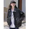 Jaqueta de Couro Estilo Americano com Zíper e Botões Pretos Lapela Estilo Casal Jaqueta de Couro Estilo Biker Charmoso Roupa Exterior Feminina Temporada Outono Inverno