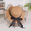 Sombrero de Paja con Lazo Daquan Sombrero de Playa de Verano para Mujer Sombrero de Ala Ancha con Cinta Sombrero para el Sol con Cinta de Perlas Sombrero Protector Solar