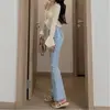 Calça jeans flare feminina, nova coleção primavera/verão, de cor clara, cintura alta, corte slim, modeladora, adequada para baixinhas, perna reta, com caimento fluido e design até o chão