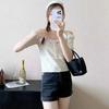Camiseta corta de verano para mujer, estilo occidental, con encaje puro, sin hombros, con cuello halter, manga corta, que rejuvenece, bonita, camisa pequeña