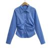 CL2505-25 Nova Camisa de Manga Longa com Xadrez Contrastante Azul e Branco Estilo Francês Retrô de Inteligência Alta para o Início da Primavera
