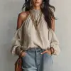 Blusa de Mujer de Cuello Halter Off-Shoulder con Cuello Alto, Mangas Largas Abullonadas Fruncidas, Top Vintage para el Uso Diario y el Trabajo, Otoño 2026