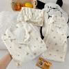 Pijama de Tres Piezas con Diseño de Corazón de Oso Estilo Coreano de Alta Apariencia, Estilo Ins con Fruncidos para Mujer, de Manga Corta para Verano, Fotos Reales al por Mayor