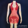 Ropa de Práctica de Danza Latina Sexy Transparente con Pedrería Vestido Halter Ropa de Performance para Cantante Femenina Invitada Anfitriona Femenina