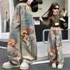 Pantalones para Niñas Estilo Primavera y Otoño Estampado de Oso de Dibujos Animados Jeans Holgados para Niños Mayores Estilo Coreano Modernos Pantalones Largos de Pierna Ancha