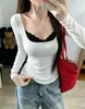 165# Nova T-shirt de Outono Estilo Garota Picante com Renda nas Bordas Patchwork Gola U Manga Longa para Mulheres Slim Fit com Alças Fixas e Top com Bojo