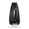 Jeans feminino retro americano com estampa de estrelas e barra curva, design de rua de verão, calça longa larga e solta com caimento.