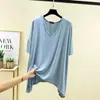 Nueva camiseta de diseño de verano de manga corta para mujer, tejido de modal, corte holgado, talla grande, cuello en V, camiseta básica versátil para mujer