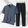 Traje Casual de Verano Ligero de Negocios para Hombre Camisa Polo Sin Costuras de Seda de Hielo Pantalones de Seda de Hielo para Hombres de Mediana Edad Conjunto de Dos Piezas