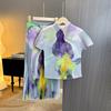 Traje de Moda Hermoso Miyake para Mujer Elegante Nueva Camiseta Estampada Falda Plisada para Mujer para Vestir en Verano