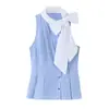Camiseta sin mangas a rayas con lazo estilo francés para mujer, cuello halter, hombros descubiertos, ceñida a la cintura, adelgazante, elegante, para ir al trabajo, top sin mangas al por mayor