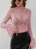Comércio Exterior Transfronteiriço Europeu e Americano Roupas Femininas, Lingerie Elegante, Camisa de Renda Transparente para Usar por Baixo, Top de Renda Slim de Manga Longa, Moda Feminina