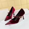 9116-A1 Zapatos de tacón alto para mujer estilo coreano, tacón de aguja, Xishi, gamuza, boca poco profunda, costura, punta fina, planos de una tira para mujer