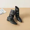 Botines retro de tacón medio para mujer con doble hebilla, pliegues apilados, aumento interno de altura de 5 cm, puntera cuadrada con hebilla, botines cortos western versátiles y estilizados